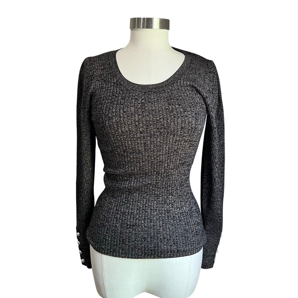 LOFT Metallic Shimmer Ribbed Sweater Puff Sleeve Pearlized Top Size M